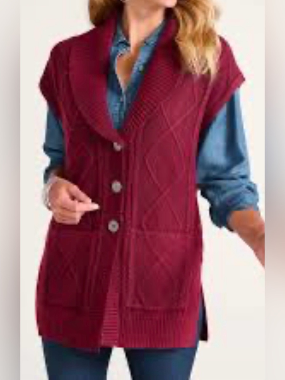 NWT $109 Shawl Collar Cable Sweater Vest Soft Surroundings PM Petite Medium